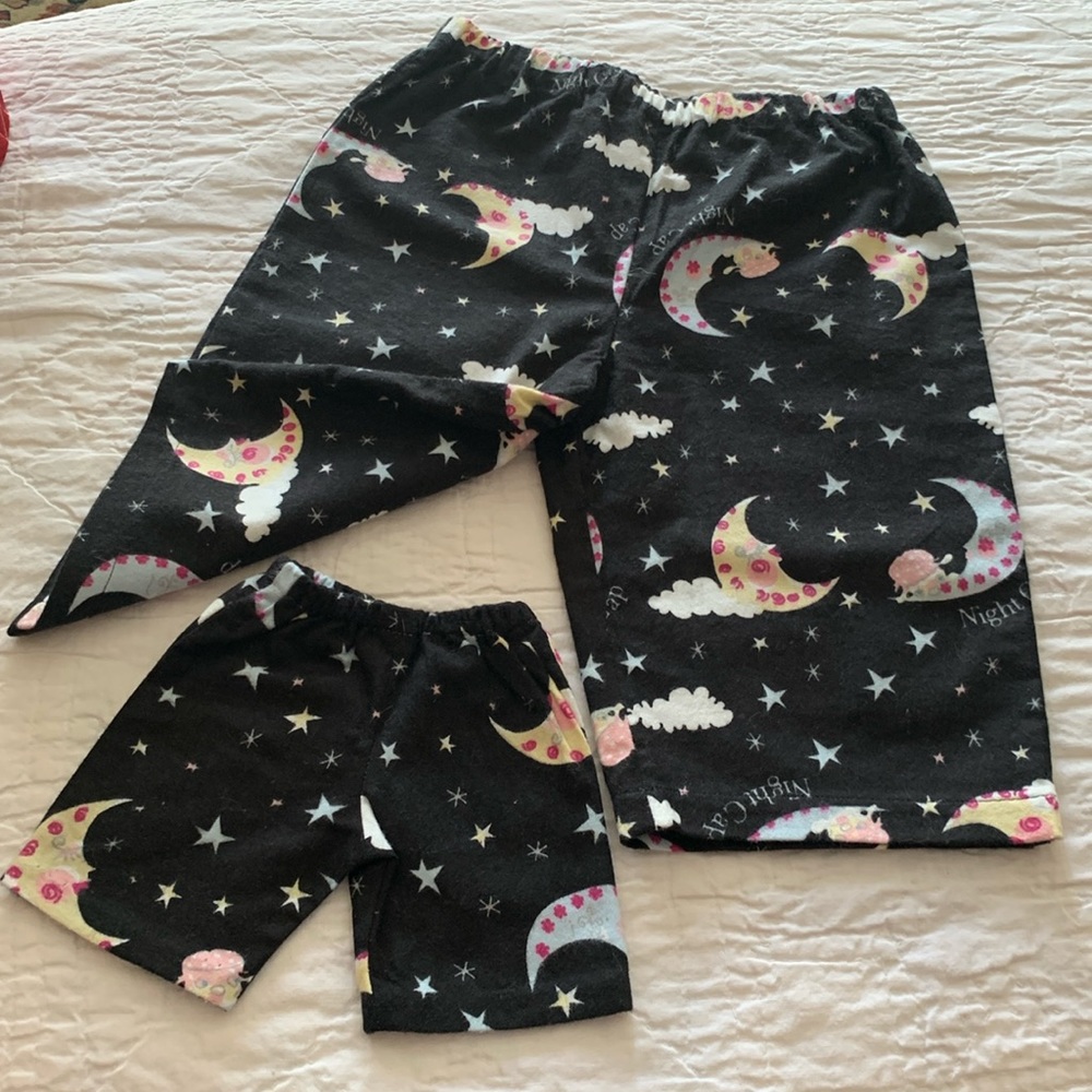 HANDMADE PAJAMA PANTS CROPPED+MATCHING DOLLS “NIGHT CAPS” SZ 5/6 BLACK -BUTTON..